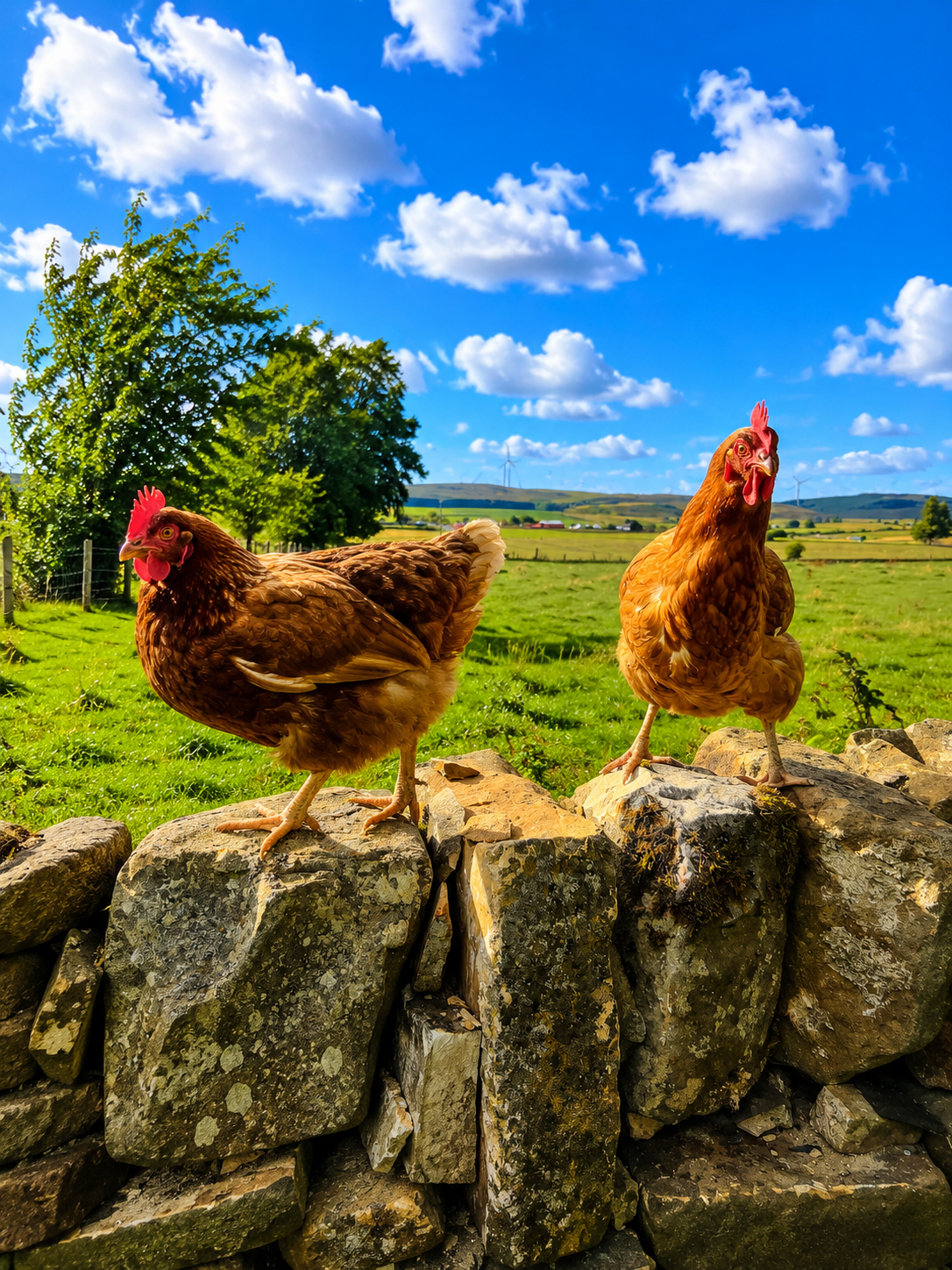 Two hens on the stone wall at Collierhall Farm