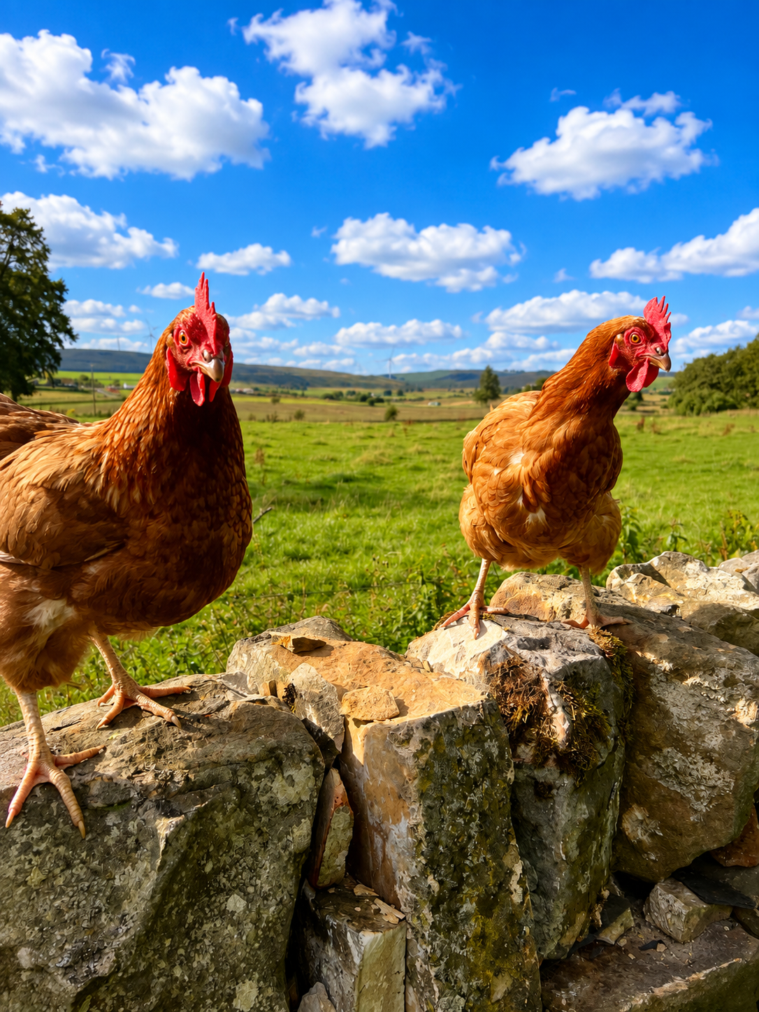 Hens on the stone wall at Collierhall Farm