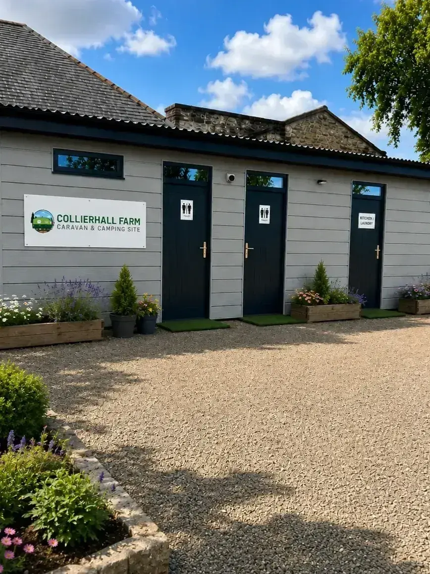 Modern shower, toilet and laundry facilities building at Collierhall Farm