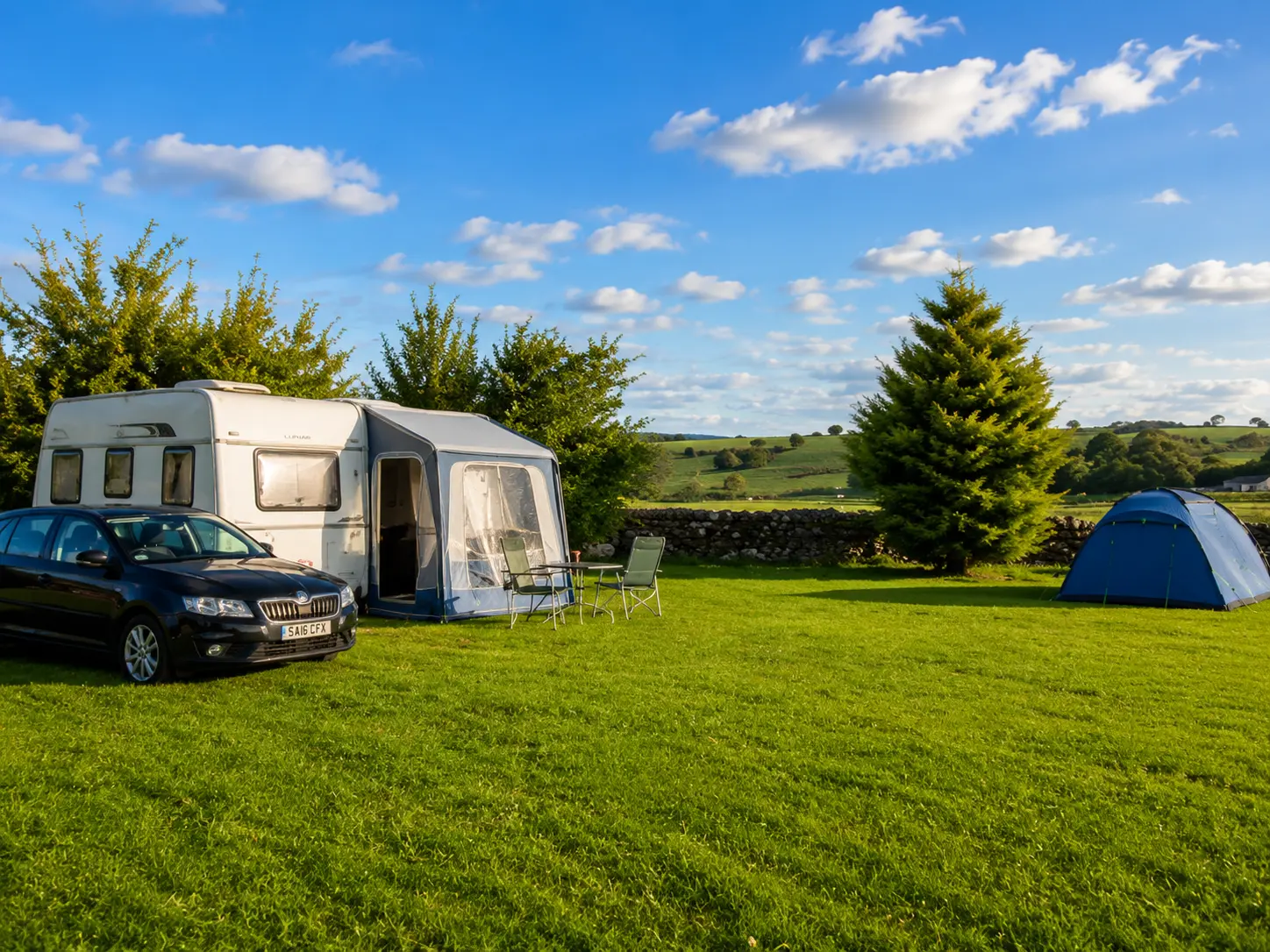 Wide view across Collierhall Farm caravan and camping site