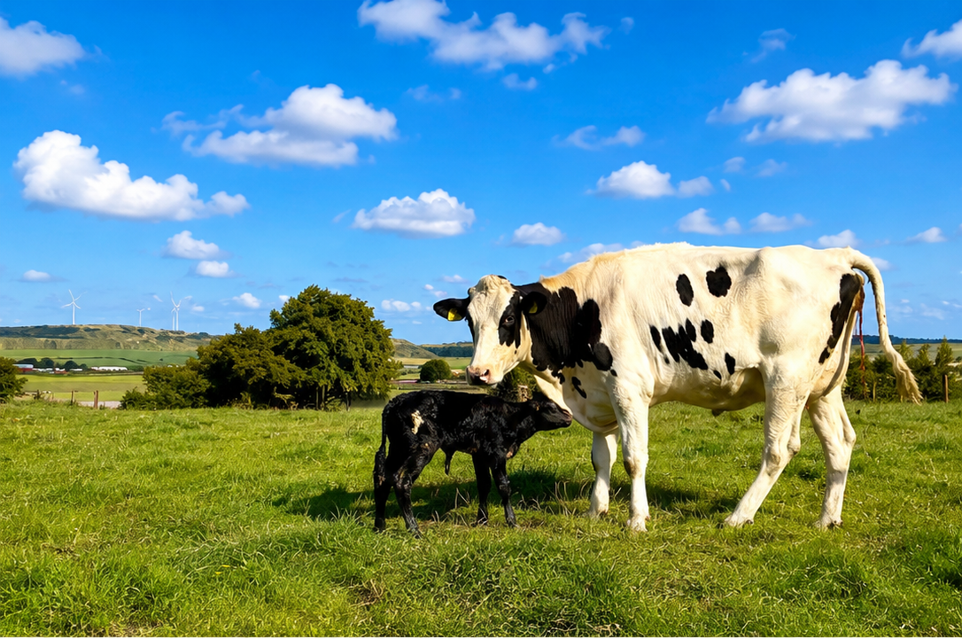 Newborn calf with its mother at Collierhall Farm