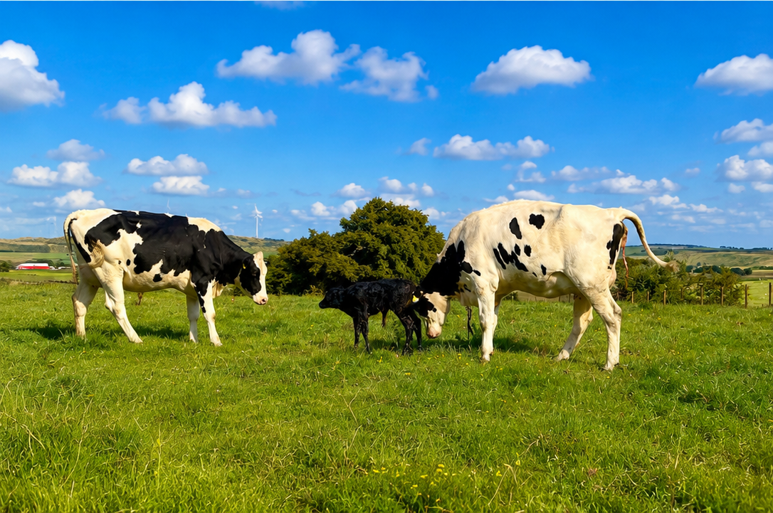 Newborn calf with cattle in the field at Collierhall Farm